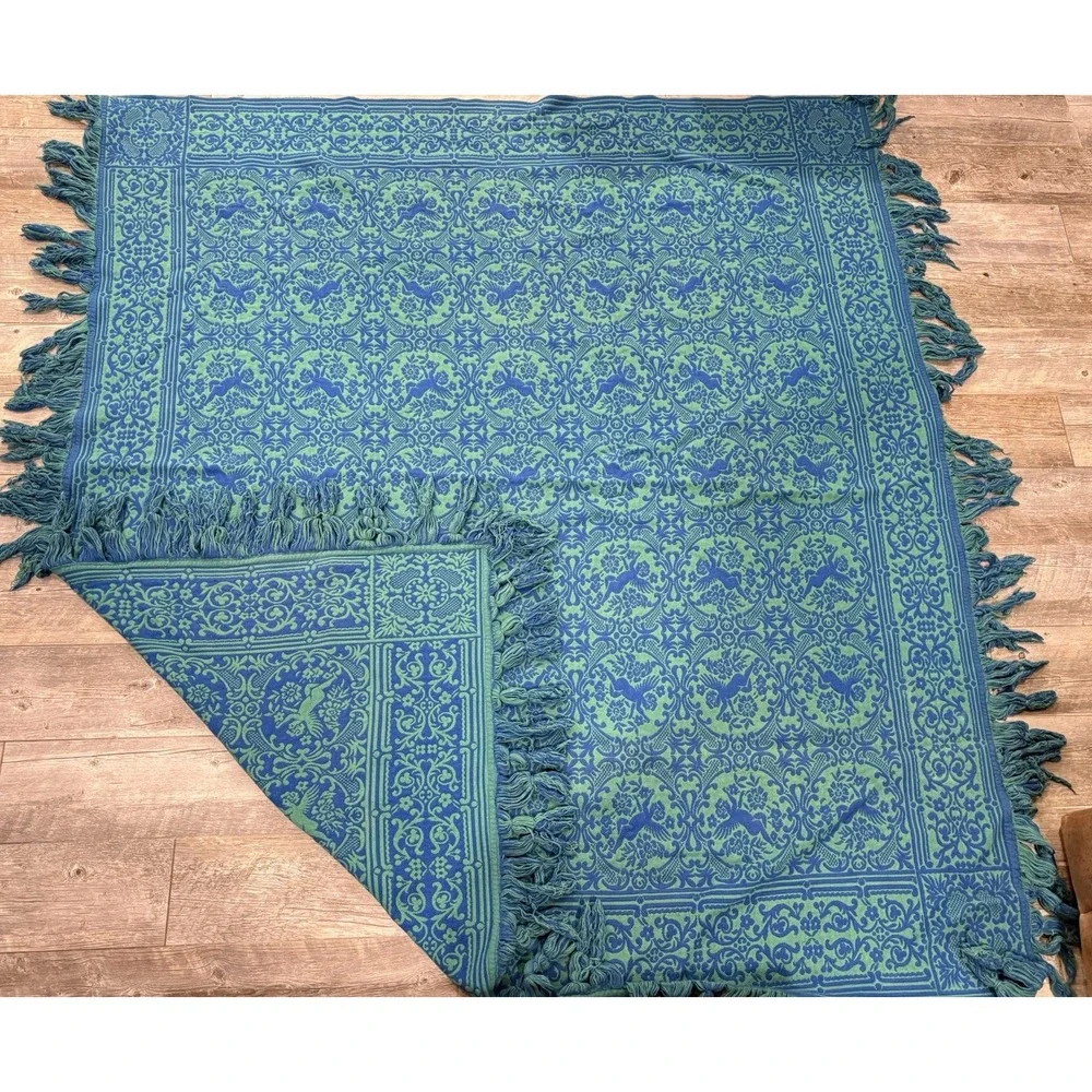 VTG Brentwood Originals MCM Knit Bedspread Green & Blue W/ Cherubs Sz Full